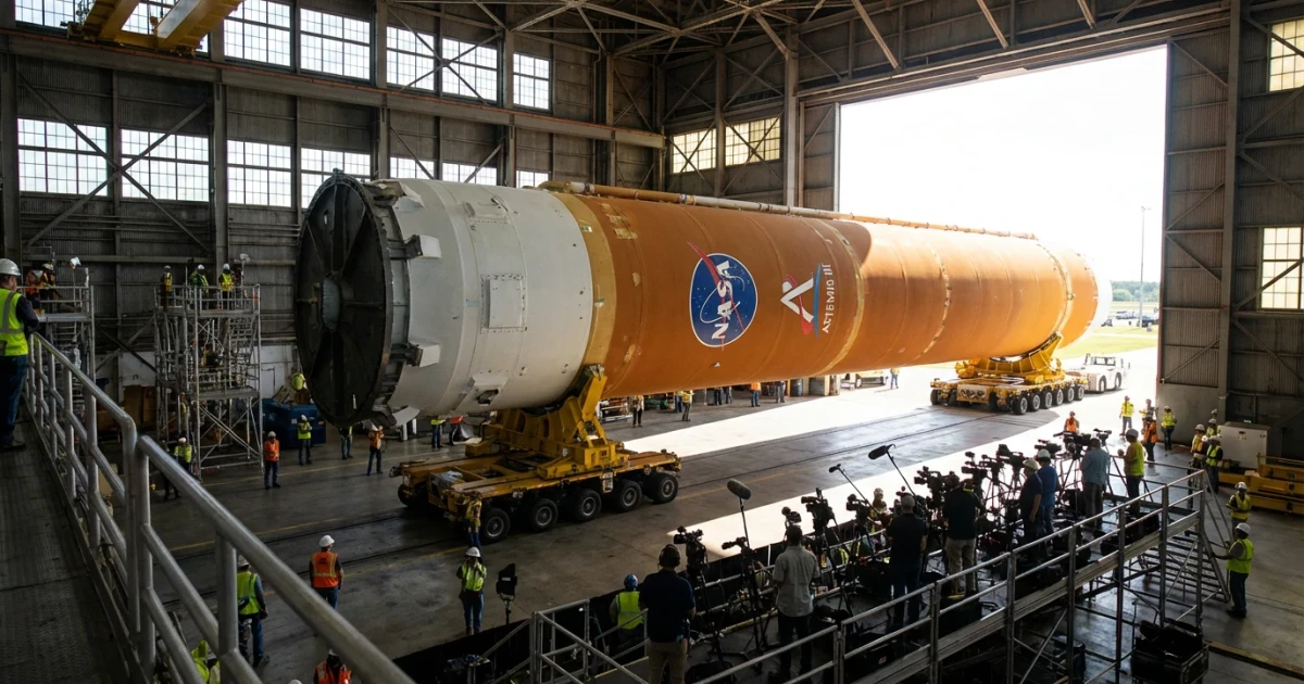 NASA Rolls Out Artemis III SLS Core Stage for Media Event