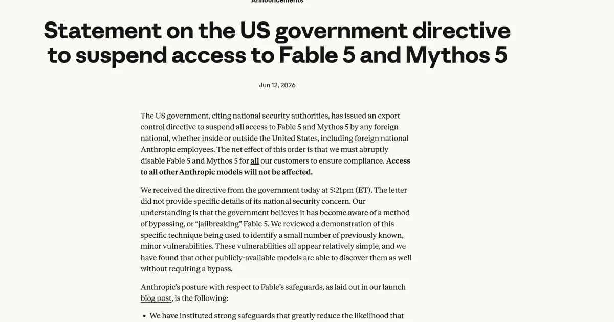 U.S. orders Anthropic to cut off access to new AI models