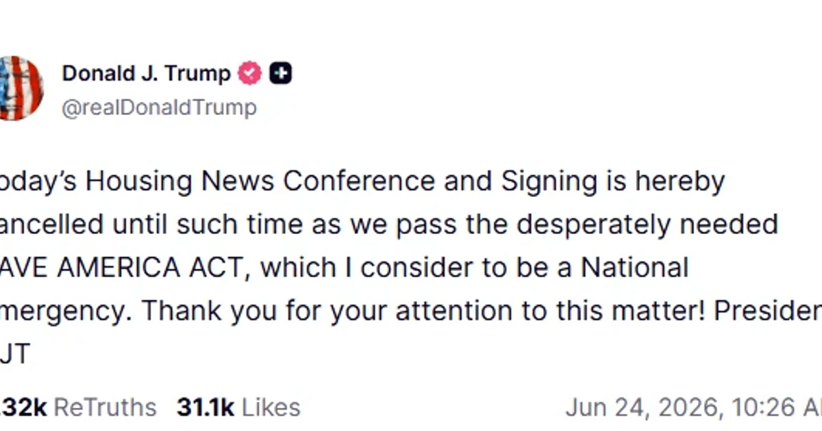 Trump cancels housing bill signing, links it to elections measure