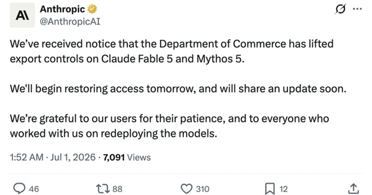Anthropic to restore Fable 5 and Mythos 5 after export controls lifted