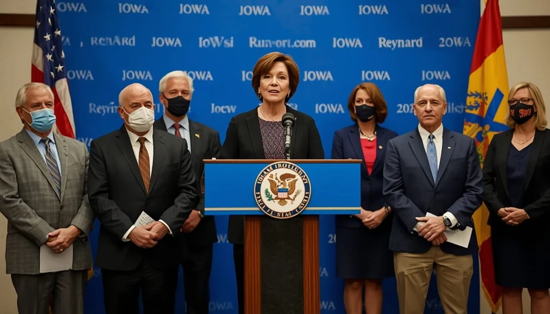 Iowa Governor Kim Reynolds and officials announcing new road safety initiatives and emergency response measures in Franklin County, USA, featuring smart traffic sensors and unified command centers for enhanced public safety.