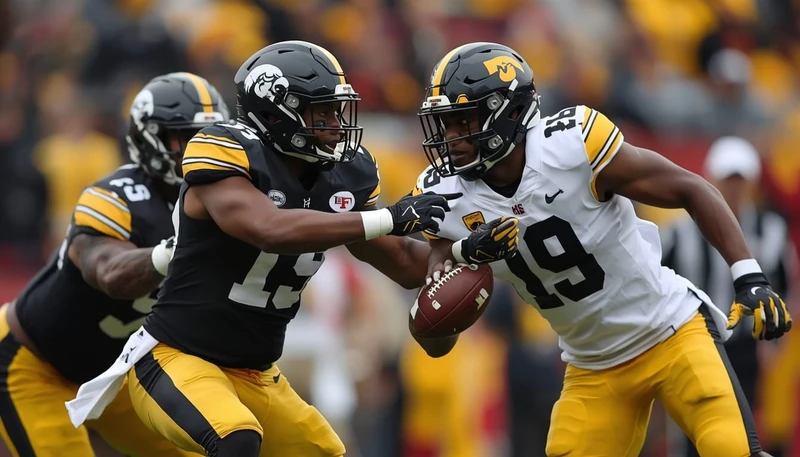 Exciting scene of Iowa Hawkeyes and Iowa State Cyclones football players in action during the Cy-Hawk rivalry game, showcasing intense college football competition in 2026 season