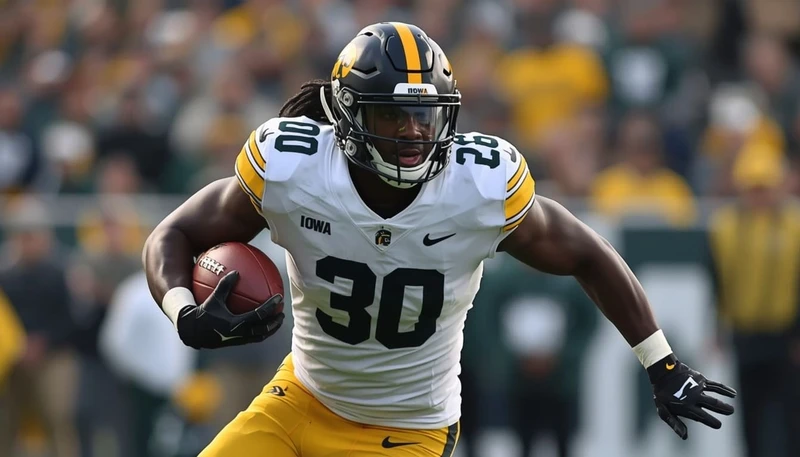 Jaziun Patterson in Iowa Hawkeyes uniform rushing the ball during a 2025 Big Ten game, announcing transfer to Michigan State Spartans in 2026 transfer portal.