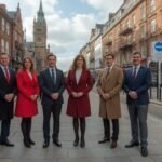 Sheffield Mayor Olivia Blake and city officials announcing the downtown revitalisation plan at Castlegate, featuring urban development renderings for new neighbourhoods, green spaces, and innovation hubs to strengthen the local economy.