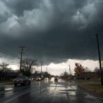 Dark storm clouds gathering over Sheffield in Franklin County, Alabama, with heavy rain and wind gusts during the severe weather alert on January 14, 2026, showing flooded streets and emergency preparations in northwest Alabama.