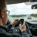 Driver adhering to Iowa no-touch driving law with hands-free phone on highway, avoiding distracted driving fines in 2026