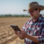 Rural farmer in Franklin County, Sheffield, Iowa, using a tablet for telehealth consultation amid expansive farmland, highlighting healthcare access improvements for isolated agricultural communities.